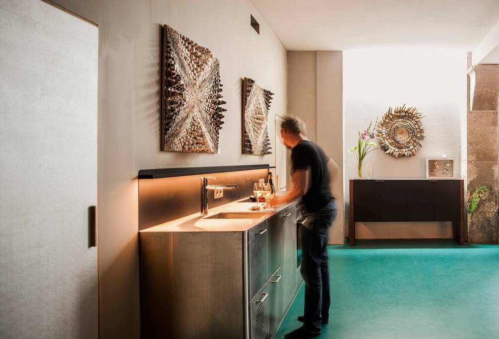 Kitchen and cupboard.
