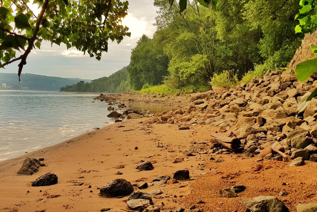 Gegenüber des Hauses: Sandstrand am Rheinufer (im Sommer bei Niedrigwasser).