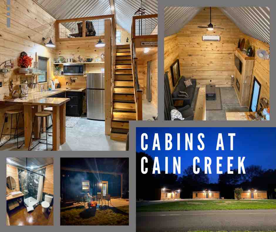 A wooden interior highlights the cozy living space with a staircase leading to an upper loft. A fully equipped kitchen is visible, along with a sleek fridge. Comfortable seating surrounds a fireplace. An outdoor area features seating under soft lighting, enhancing the cabin's charm.