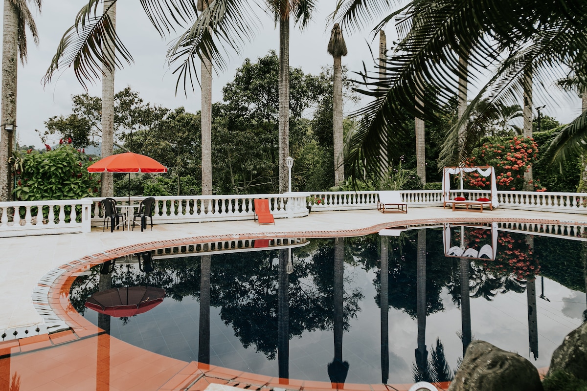 A tranquil pool area is framed by tall palms, with a bright orange umbrella providing shade over a seating area. The dark water of the pool reflects the surrounding greenery, while a small wooden gazebo adds to the serene ambiance.