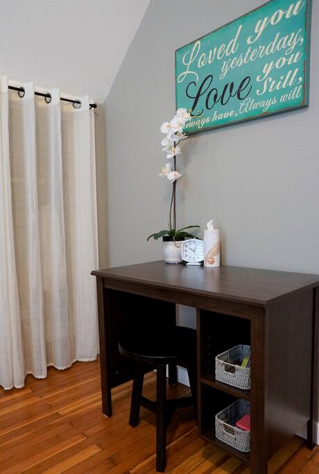 Work in your room using our free high-speed wireless internet. We also provide a small closet with hangars.