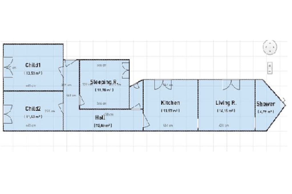 outline of the app./
on the left side 2 rooms that are usually for children. Can also be used with extra bed/ mattress though.