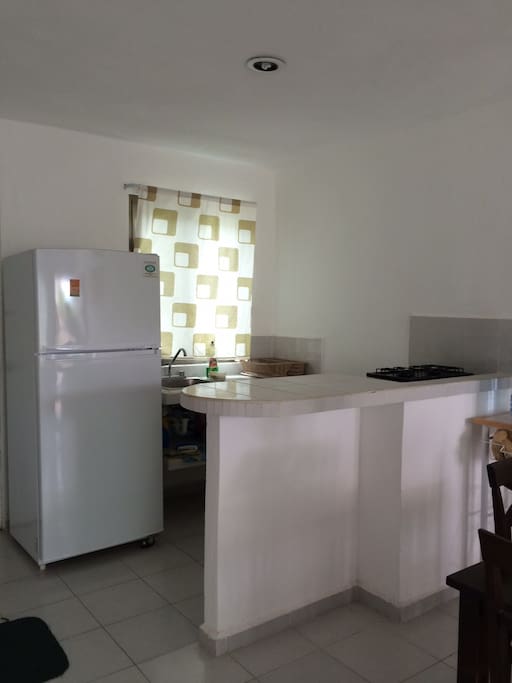 Cocina con refrigerador, estufa y horno de microondas.