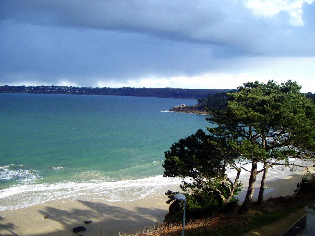A view of a sandy beach is framed by tall trees and gentle ocean waves. The ocean appears calm, with a gradient of blues under a partly cloudy sky. In the distance, a rocky shore is visible, enhancing the natural beauty of the coastal landscape.