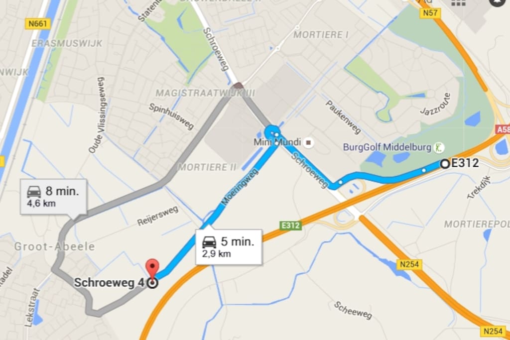 Vanaf de A58 neemt u de afslag 39 richting Middelburg Centrum en op de eerste rotonde neemt u de 4e afslag. U slaat rechtsaf de Moeringweg op en na een paar minuten ziet u aan uw linkerzijde de locatie Schroeweg 4a/b