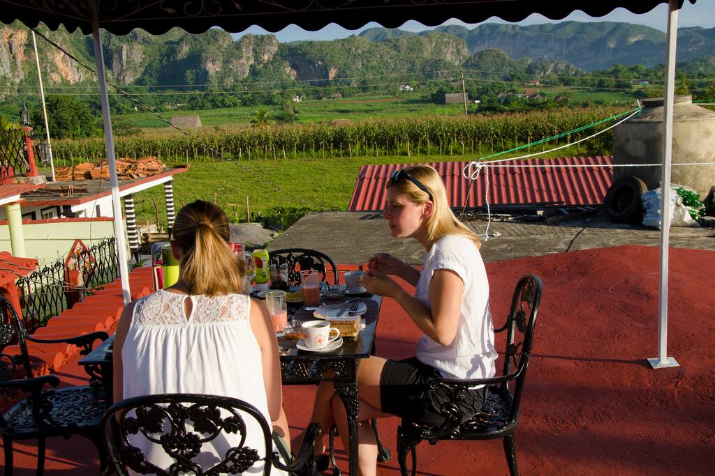 Having breakfast at the rooftop terrace