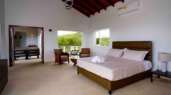 Gran dormitorio principal en el segundo piso con 2 terrazas y un gran vestidor y hermosos asientos privados y una iluminación increíble.
Totalmente climatizado. 