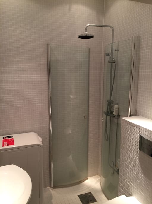 Renovated bathroom with shower and a washing machine.