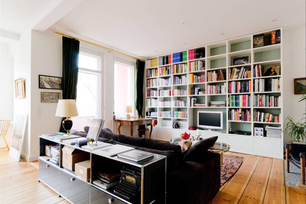 Living room with large TV and stereo system