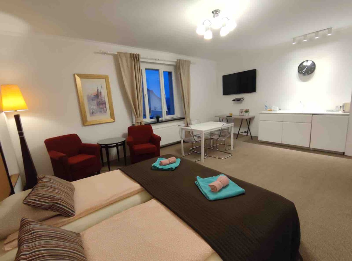 A spacious apartment features two beds adorned with neatly arranged towels. Comfortable red chairs are positioned nearby, and a dining table is set for four. A modern kitchenette equipped with appliances is visible, alongside a wall-mounted television and a stylish clock.