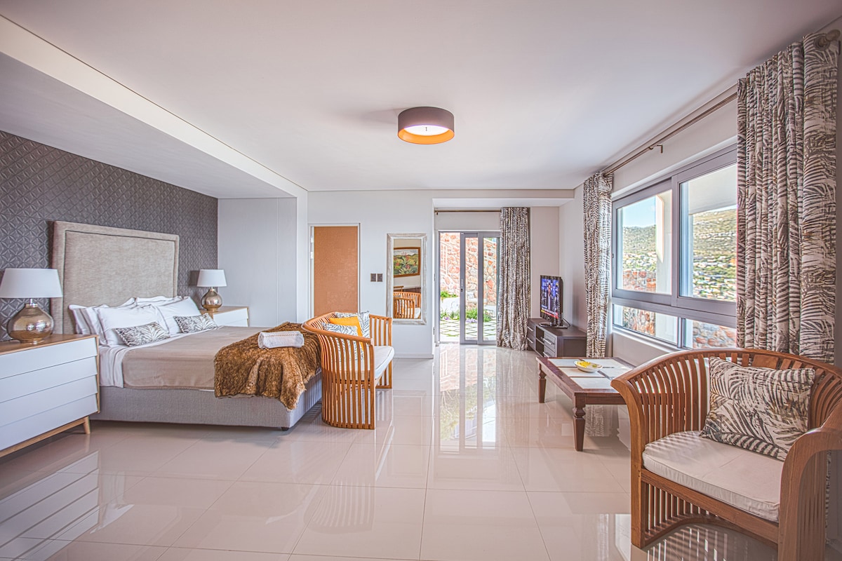 A spacious guest suite features a large bed adorned with a warm throw and decorative pillows. Natural light floods the room through large windows, illuminating the modern furnishings, which include a flat-screen TV, coffee table, and two armchairs. A door leads to an outdoor area.