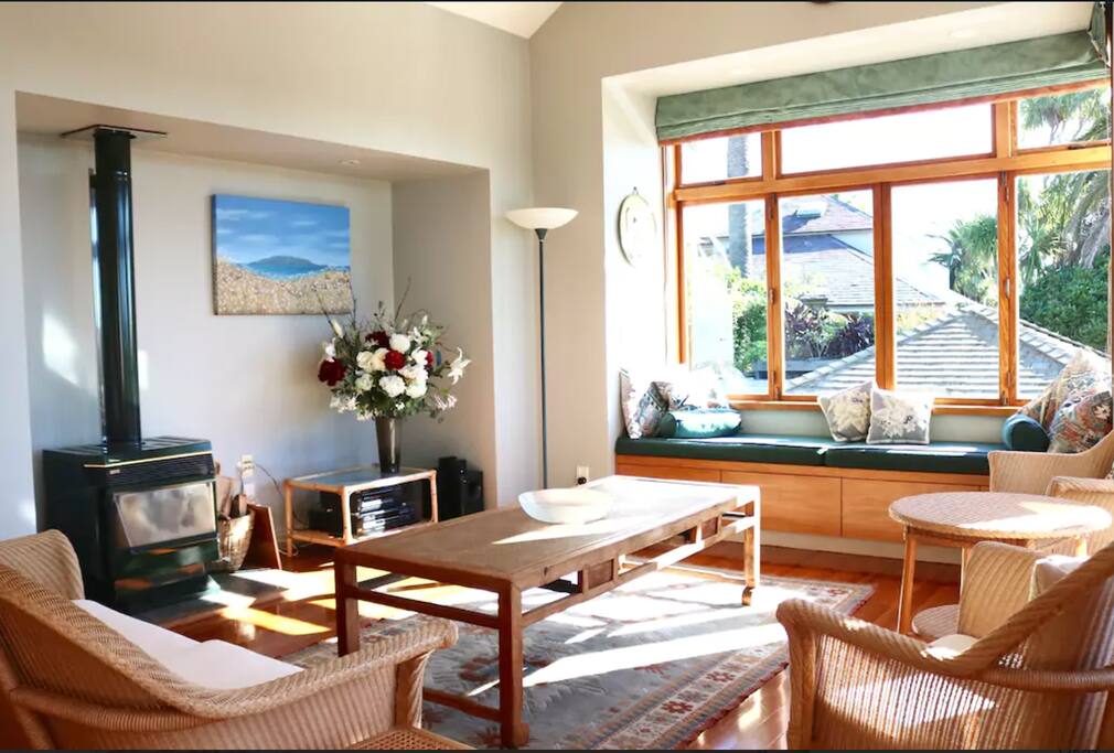 Lounge with reading nook and fireplace