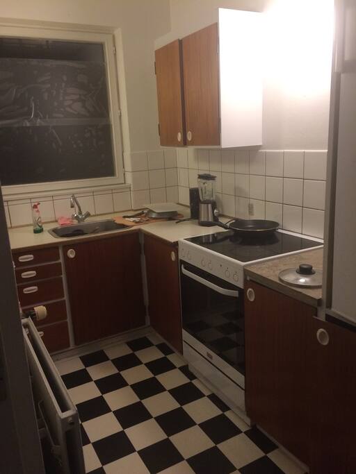 The kitchen (small but everything works - refrigerator, oven, stove, sink) also blender, electrical water kettle, and plates, glasses etc are of course available.