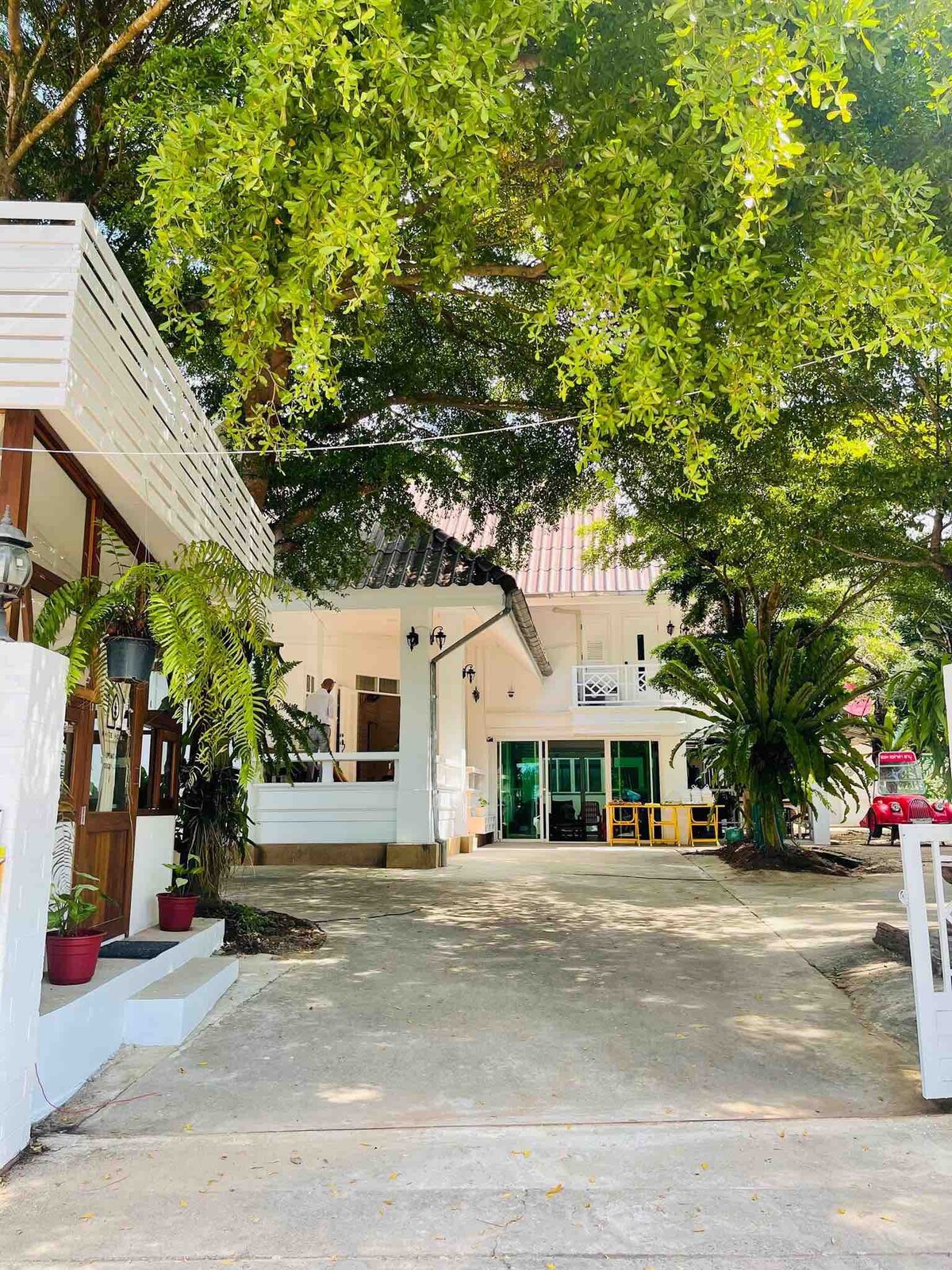 A clean, white building is surrounded by lush green trees. The entrance features large doors that lead to a welcoming space. Potted plants line the pathway, enhancing the natural setting.