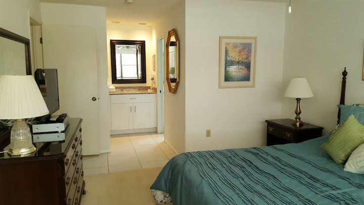 Glavna spavaća soba s bračnim krevetom (širine 180 - 200 cm). Ulaz u ormar, novi umivaonik i ormarići u kupaonici s radnim površinama od granita