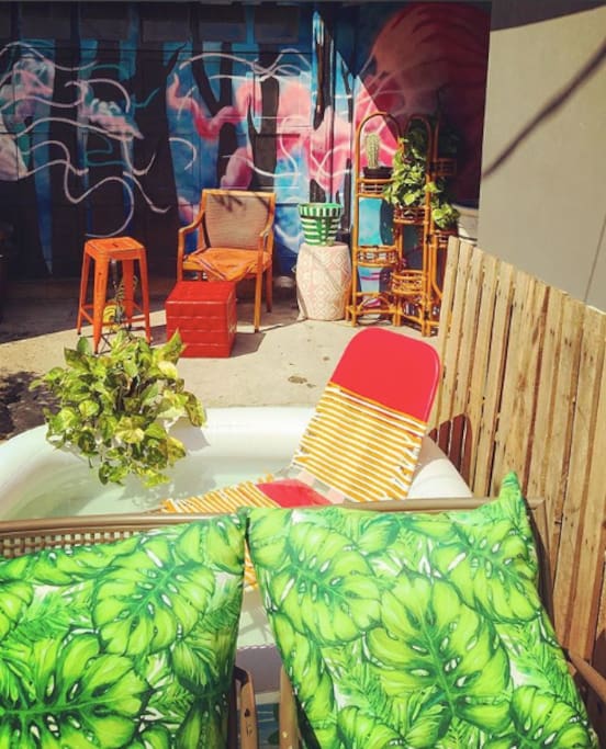 This is the outside of our garage art space - if it's hot there is a mini pool.