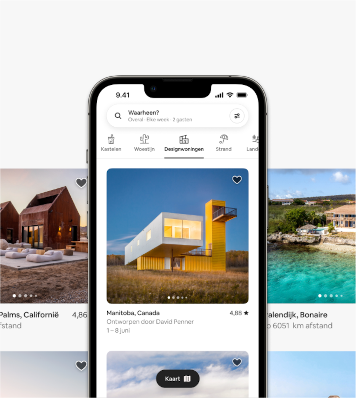 Een afbeelding van een smartphone toont het gloednieuwe Airbnb-ontwerp rondom Airbnb-categorieën.
