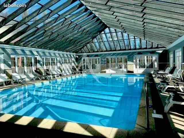 An indoor swimming pool is showcased, featuring a glass roof that allows natural light to fill the space. Lounge chairs are arranged around the pool, and large windows offer views of the outdoors. The pool's clear water reflects the surrounding architecture.