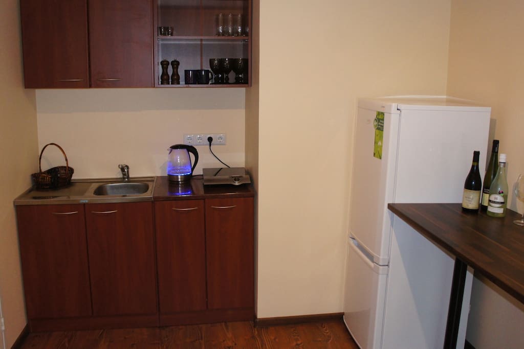 Kitchen corner with kettle, induction stove, fridge and bar table