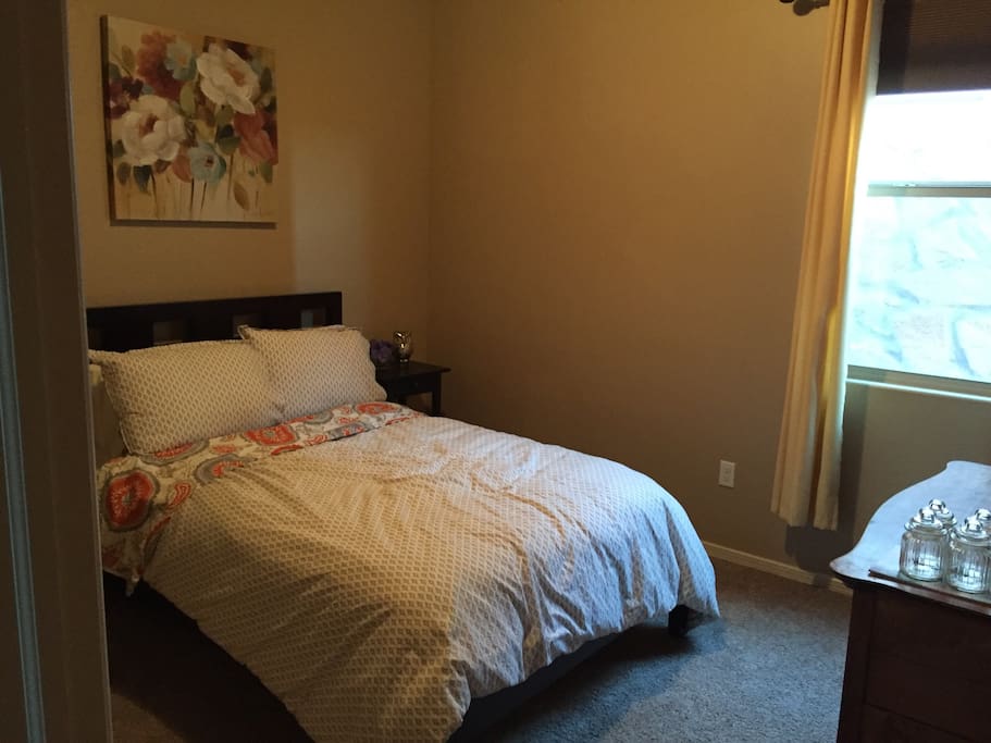 Full size bed, television and cable, closet with hangers provided