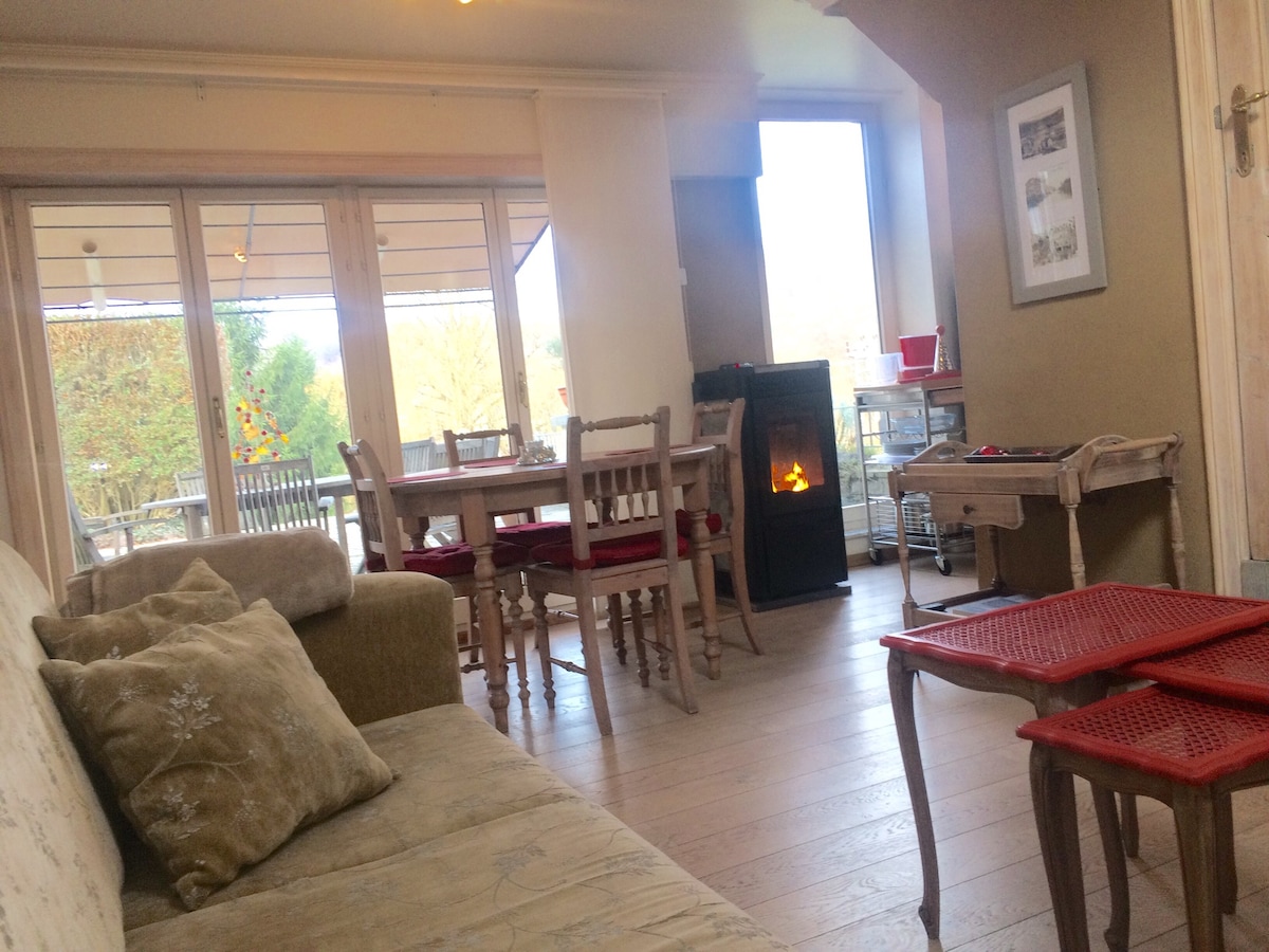 A cozy living space is seen with a comfortable sofa and a dining area filled with wooden chairs and a table. Large glass doors provide views of the outdoors, while a small fireplace adds a touch of warmth to the room.