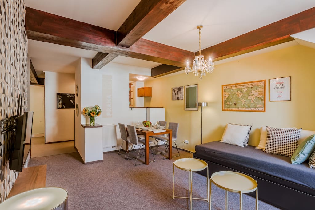 We tried to designed full apartment in very cosy style. We hope you will like it. What do you say about our living room and dining area?