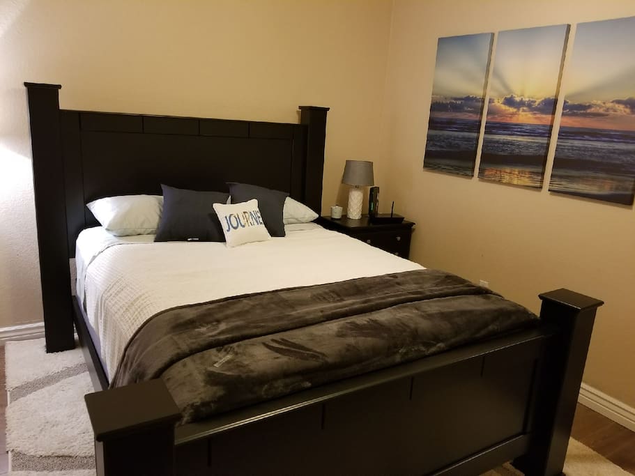 Queen bed with closet and dresser