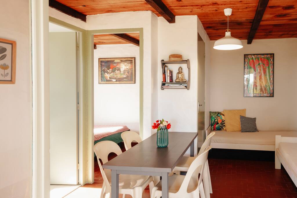 Vue sur le salon, la table de repas, la chambre au fond à gauche et la porte de la salle de douche à gauche.