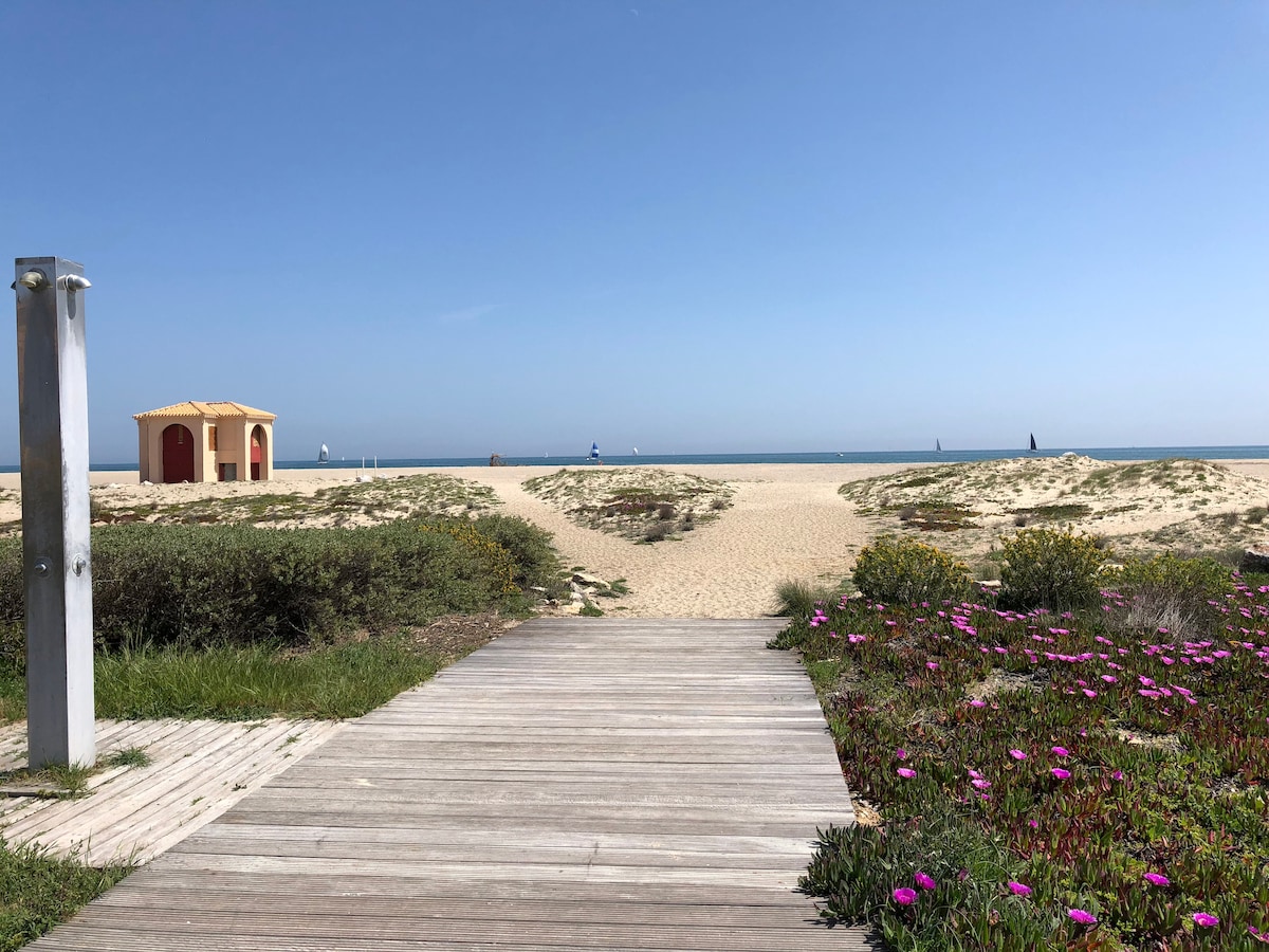 A wooden pathway leads through lush greenery and colorful flowers towards a sandy beach. In the distance, a beach hut and several sailboats are visible against a clear blue sky, providing a serene view of the shoreline.