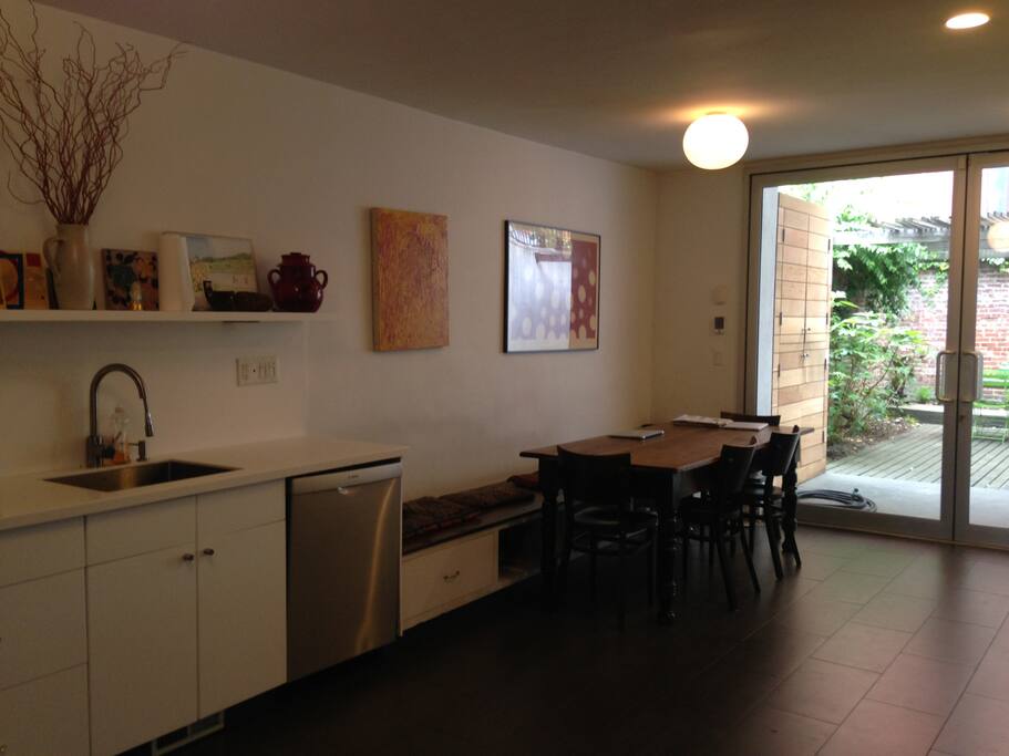 Kitchen with view into backyard