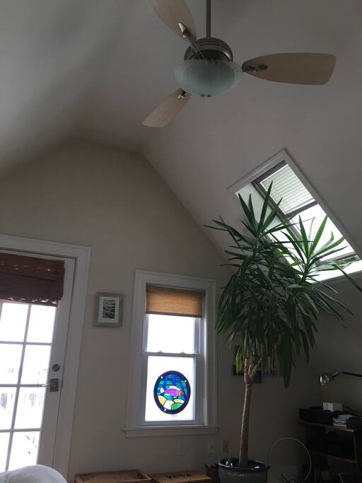 Lofted ceiling bedroom with queen and deck