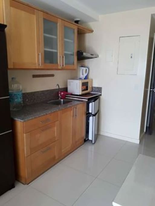 Kitchen with double door fridge, microwave, electric burner, water boiler, range hood, plates, spoon, plates, cups, drinking glasses, etc.