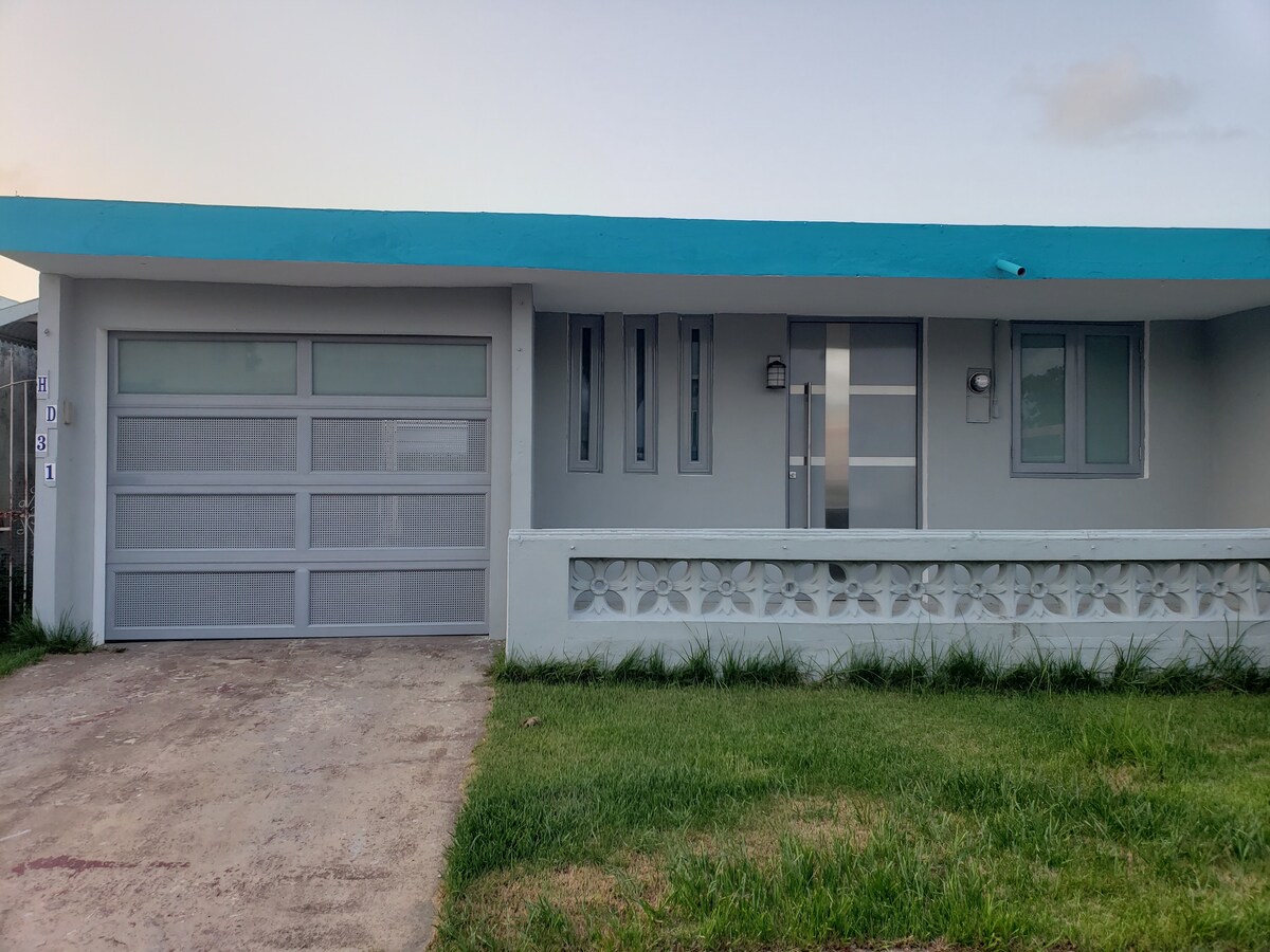 The exterior of the house is presented, featuring a light-colored facade with a distinctive teal roof. Large windows allow natural light in, while a garage door adds functionality. A low wall with decorative patterns borders the front yard, which is set with lush green grass.
