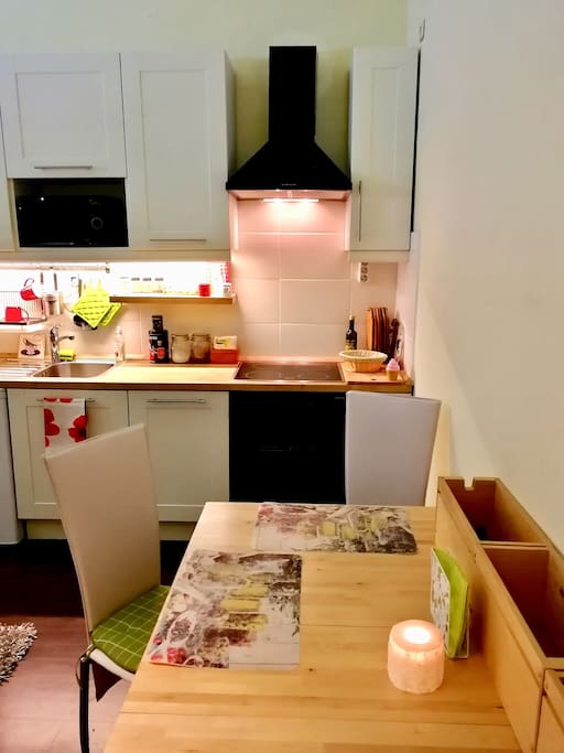 Oven, microwave, fridge and water boiler are included