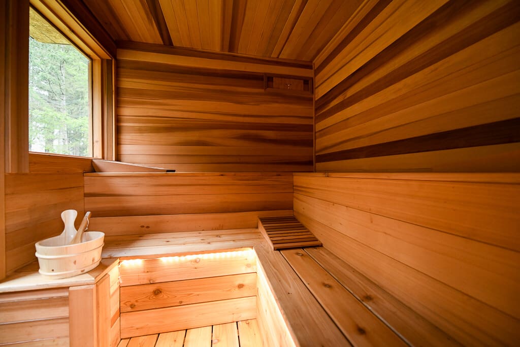 The sauna can seat up to nine people at a time