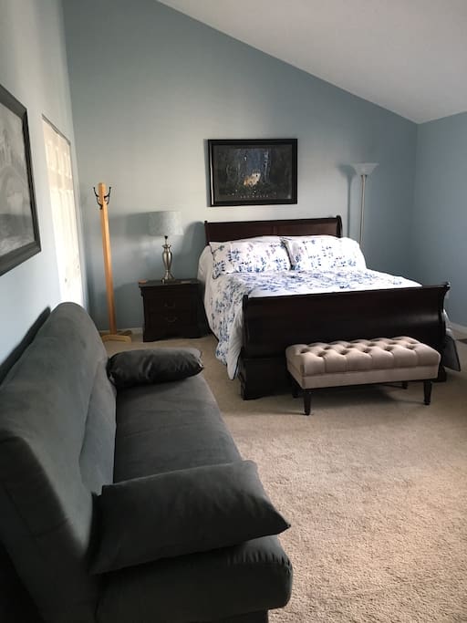 Airbnb Bedroom: including Queen size bed, dresser, night stand, large closet and full size futon (Room can sleep 4) Full size futon in the foreground, 2 Large 2 double folding closet doors open into large closet for storage, travel luggage, hanging clothes and shoes