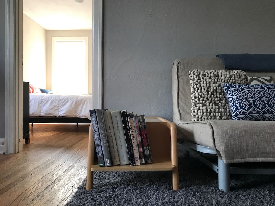 coffee table books and hardwood floors