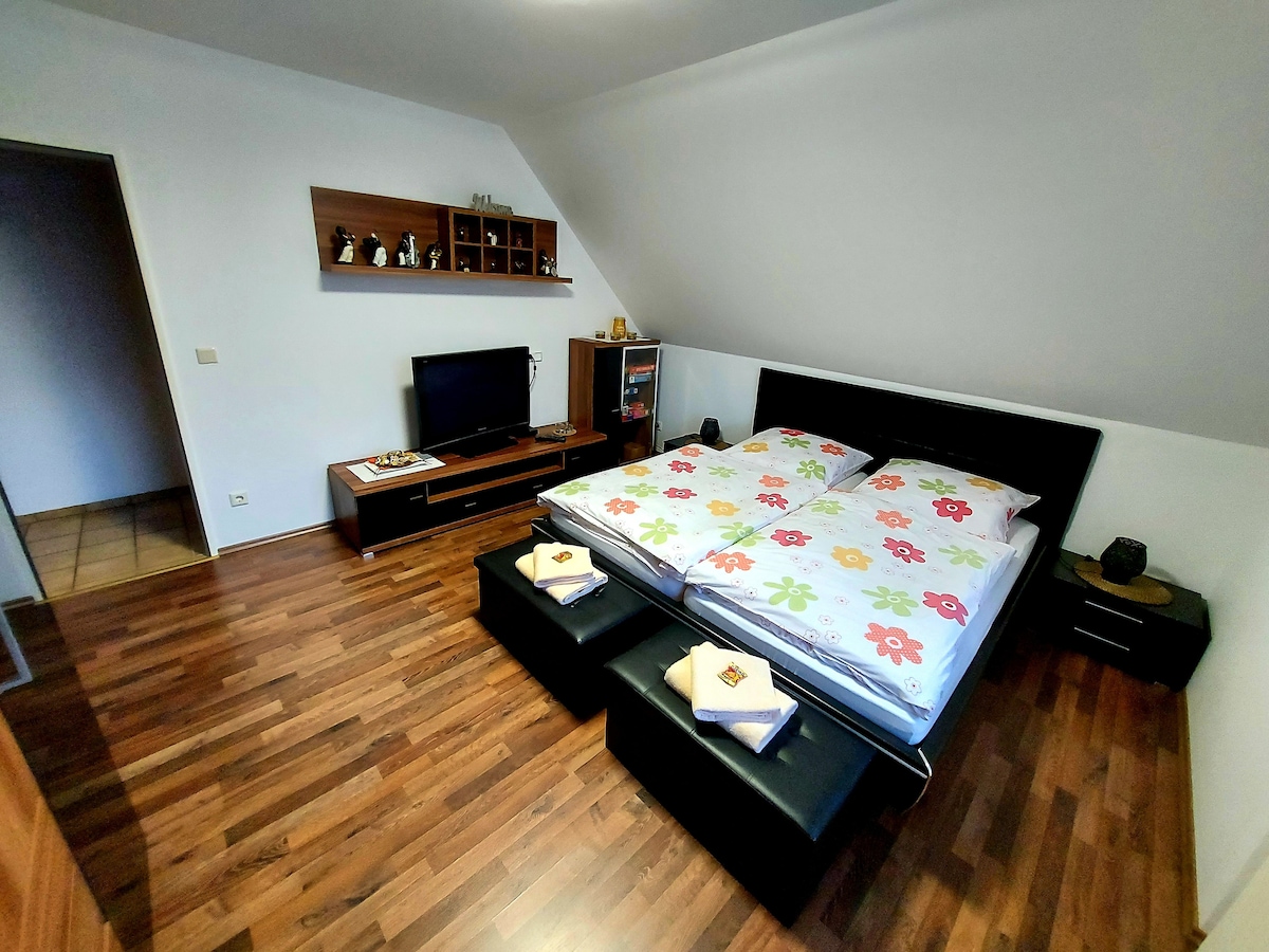 A spacious bedroom features a large bed with colorful floral bedding. A television is mounted on the wall beside a low wooden shelf displaying decorative items. Dark wood flooring complements the room's bright ambiance, and multiple bedside tables are positioned on either side of the bed.