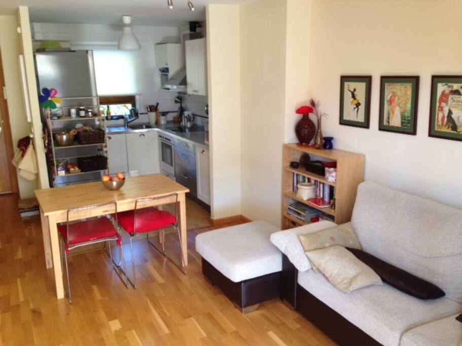 Salón comedor con cocina abierta y sofa-cama.