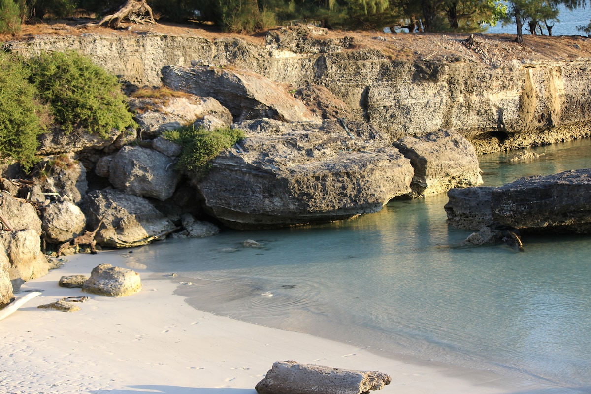 A serene beach scene is displayed, featuring smooth sandy shores and gentle waves lapping against rocky formations. Light plays off the water's surface, while green vegetation clings to the rugged cliffs in the background, creating a calm and inviting atmosphere.