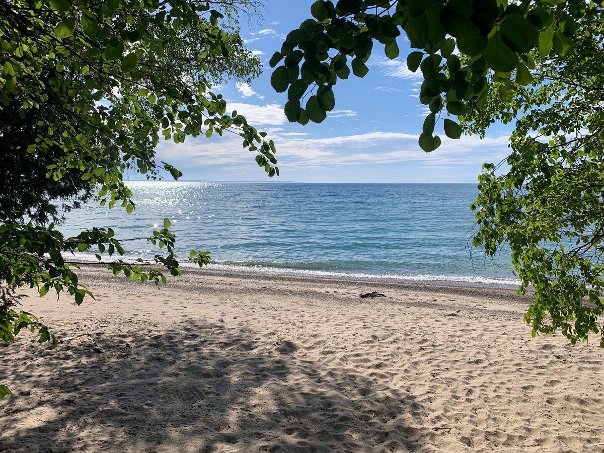 A serene view of Lake Michigan is framed by lush green foliage, showcasing a sandy beach that meets the calm, sparkling waters. The shoreline is lined with gentle waves under a clear blue sky, creating a peaceful atmosphere for beach strolls.