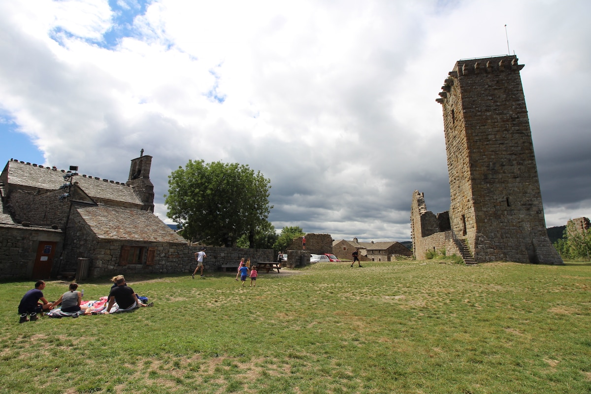A grassy area features a historical stone tower and several rustic buildings. In the foreground, a group enjoys a picnic on a blanket. The sky is partly cloudy, adding a sense of calm to the rural setting.
