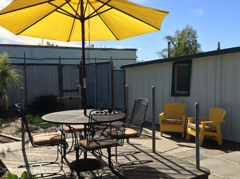 Out door eating area to enjoy So Cal weather.