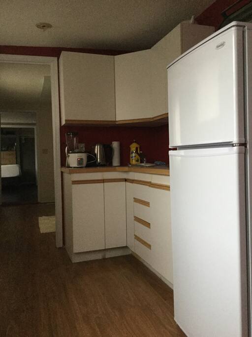 Kitchen has fridge, rice cooker, kettle, two cup coffee maker, toaster, toaster oven, microwave, dishes, and more.