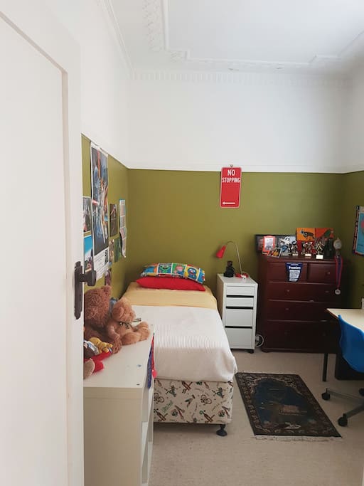 An ideal sized sunlit bedroom for a young child or teenager.