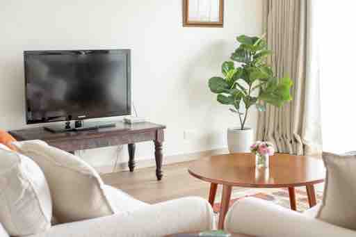 A cozy living area features a comfortable sofa positioned near a wooden coffee table. A flat-screen TV is mounted on the wall, and a small indoor plant adds a touch of greenery. Natural light filters through the curtains, enhancing the inviting space.