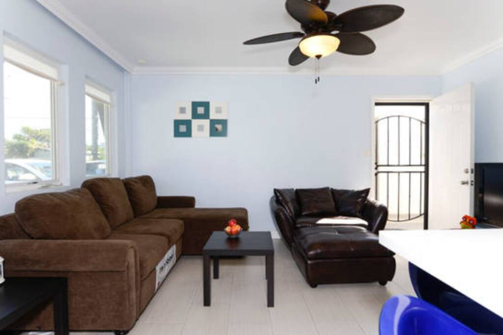 Common living area with TV and pull out sofa bed