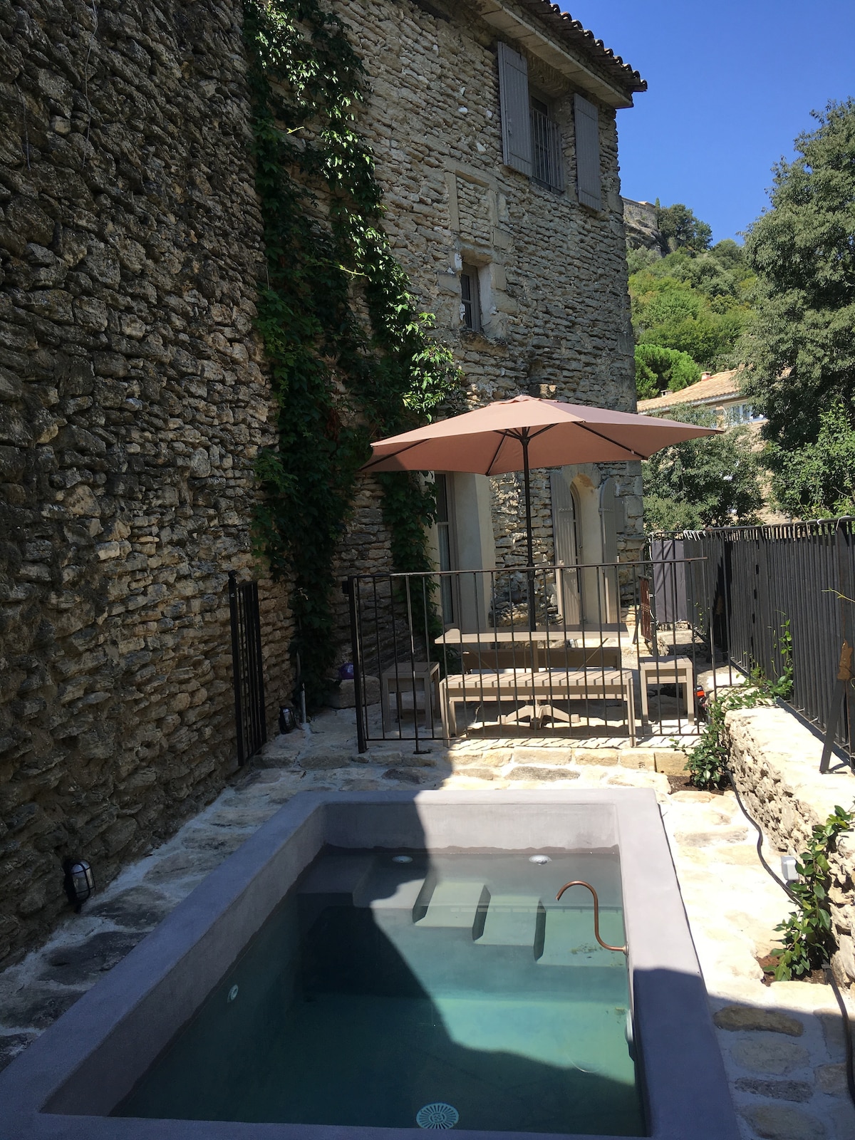 A small heated basin is surrounded by natural stone walls, creating a private and serene outdoor space. An umbrella is positioned over a stylish lounge chair. Verdant vines climb the textured stone facade, enhancing the garden area which is enclosed for added privacy.