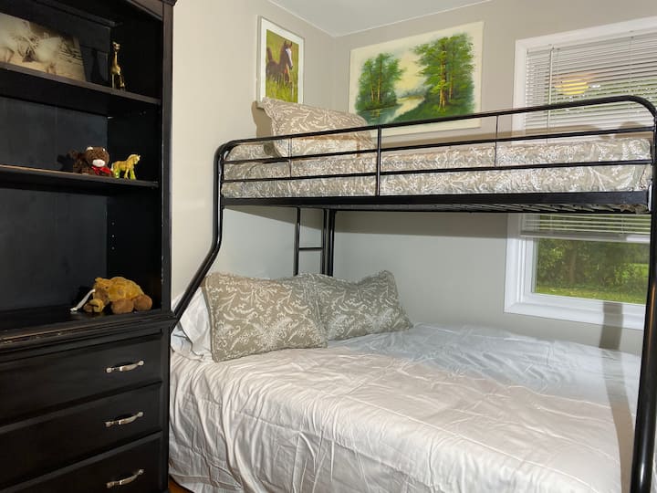 Second bed room with bunk bed.   New memory foam full sized on bottom and new memory foam twin on top.  All new linens as of July, 2020.
