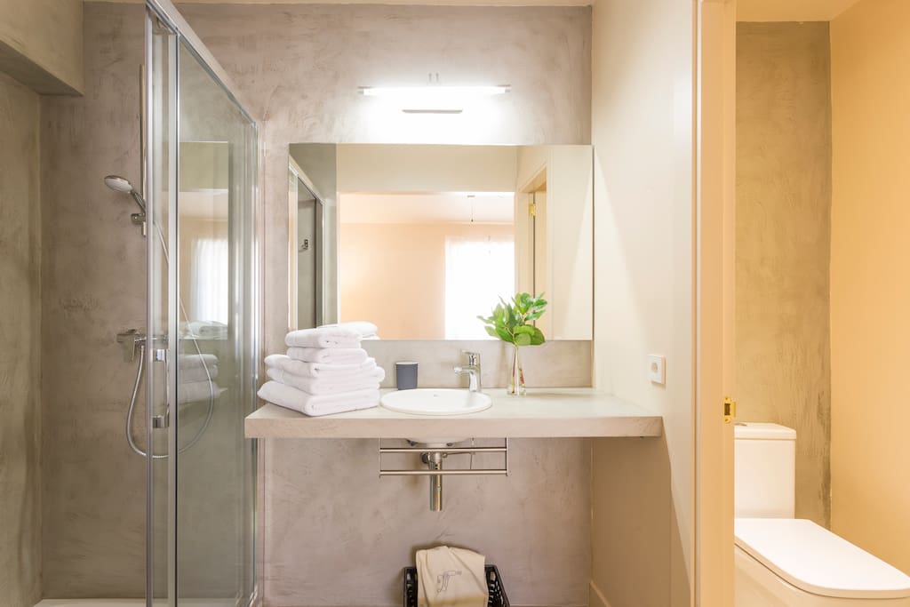 Ensuite bathroom with shower and hairdryer.